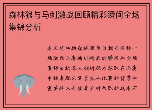 森林狼与马刺激战回顾精彩瞬间全场集锦分析