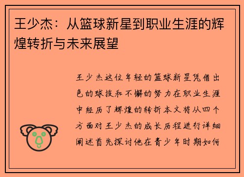 王少杰：从篮球新星到职业生涯的辉煌转折与未来展望