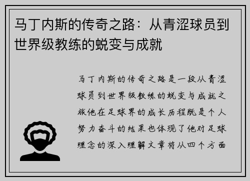马丁内斯的传奇之路：从青涩球员到世界级教练的蜕变与成就