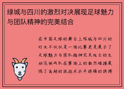 绿城与四川的激烈对决展现足球魅力与团队精神的完美结合