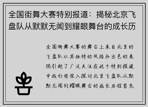 全国街舞大赛特别报道：揭秘北京飞盘队从默默无闻到耀眼舞台的成长历程 - 副本