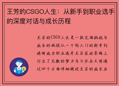 王芳的CSGO人生：从新手到职业选手的深度对话与成长历程