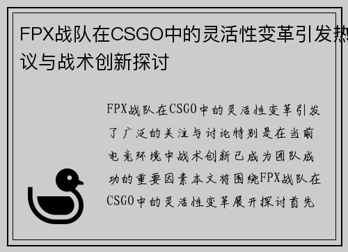 FPX战队在CSGO中的灵活性变革引发热议与战术创新探讨